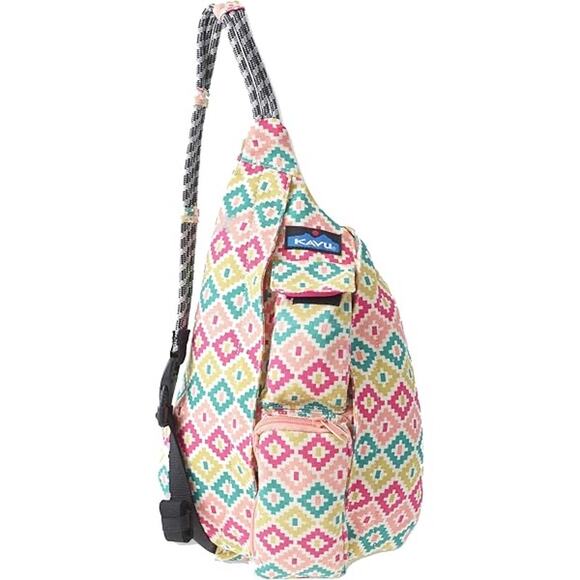 Kavu Multicolor Pink Green Diamond Print Southwestern Mini Rope Sling Bag - Picture 1 of 9